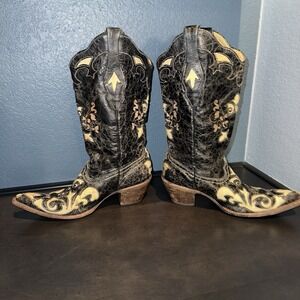 Corral Women Western Cowboy Boot Sz 8.5 Crackle Black Lizard Inlay Pointed